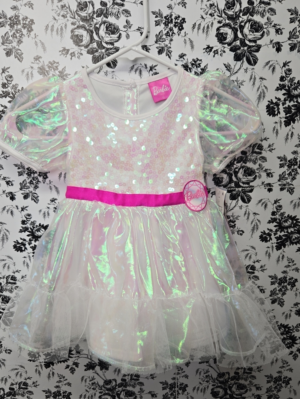 Barbie Iridescent White and Pink Tulle Dress with Hot Pink Sash